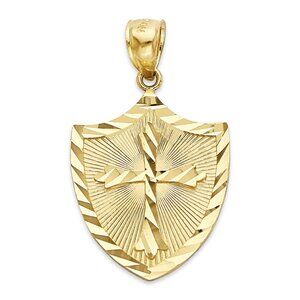 Solid 10k Gold Cross Shield Pendant: Diamond Cut Religious Charm